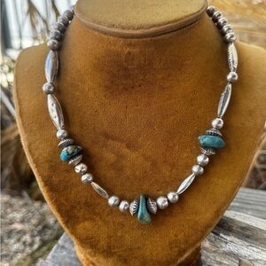 Native American Sterling Silver Beaded Necklace with Turquoise Accents
